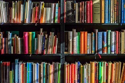 Bunte Bücher in einem schwarzen Regal © LubosHouska auf Pixabay