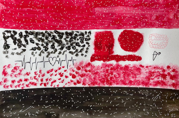 Herzkurve, Hintergrund rot, weiß, schwarz © Lukas Santos / entstanden im Kunstprojekt STABIL der JVA Hahnöfersand