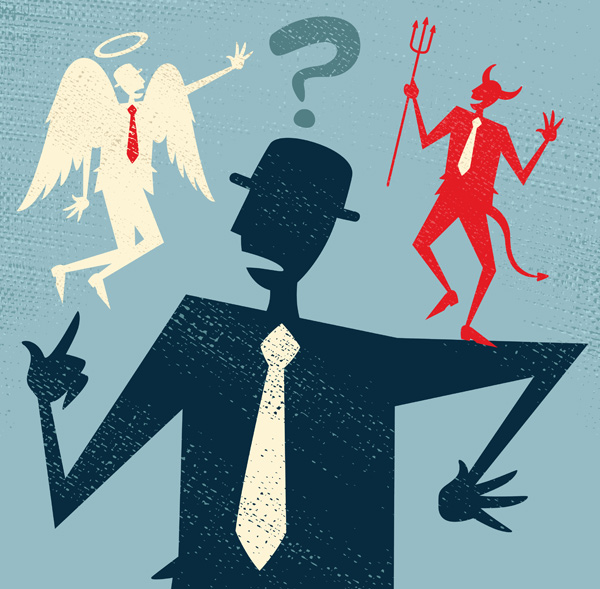 Illustration: Mann mit Fragezeichen, Engel, Teufel ©  jorgenmac100/AdobeStock