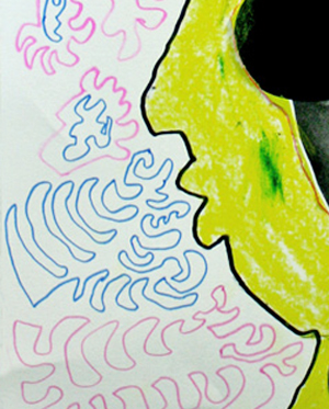 Ausschnitt aus der Zeichnung UmrissPortrait gelber Kopf © XYZ, entstanden im Kunstprojekt STABIL; JIZ Hamburg/JVA Hahnöfersand