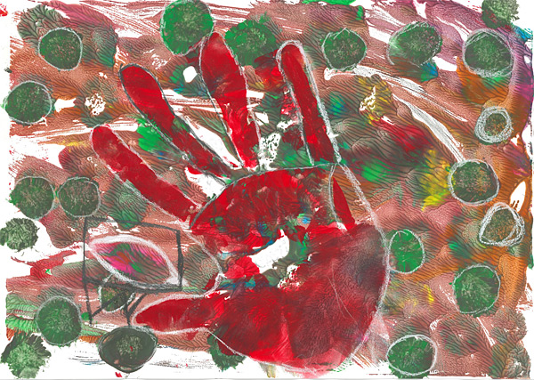gemaltes Bild: rote Hand, grüne Flecken © Karanca / entstanden im Kunstprojekt STABIL der JVA Hahnöfersand in Koop. mit dem JIZ Hamburg