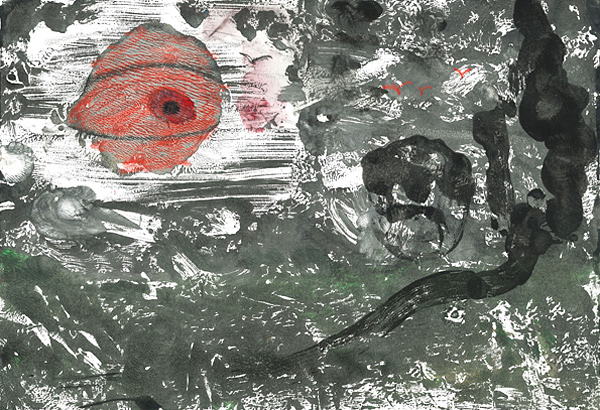 gemaltes Bild: rotes Auge auf grau-schwarzem Hintergrund © D.A.E./entstanden im Kunstprojekt STABIL in der JVA Hahnöfersand in Koop. mit dem JIZ HH © D.A.E./entstanden im Kunstprojekt STABIL in der JVA Hahnöfersand in Koop. mit dem JIZ HH